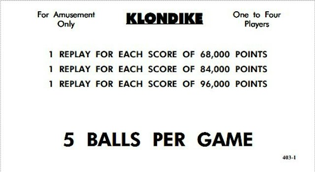 KLONDIKE (Williams) Score cards (8)
