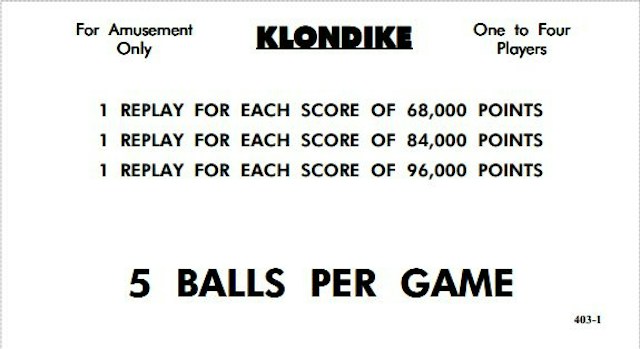 KLONDIKE (Williams) Score cards (8)