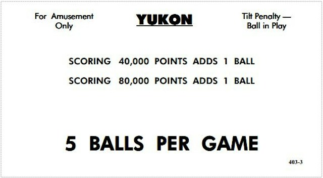 YUKON (Williams) Score cards (8)