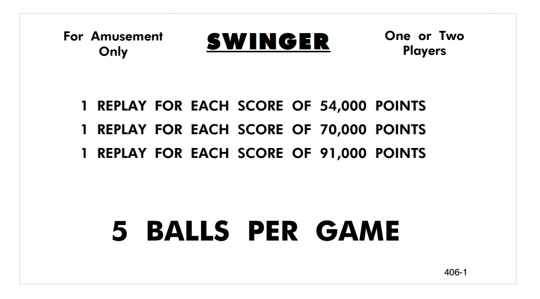 SWINGER (Williams) Score Cards (6)