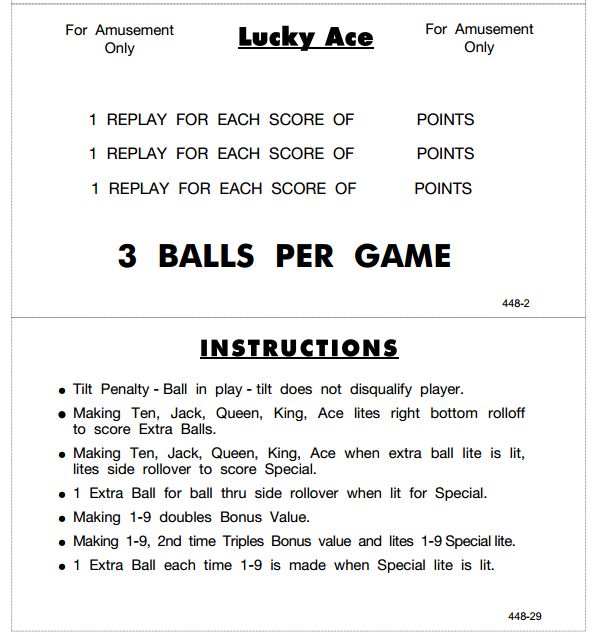 LUCKY ACE (Williams) Score Card Set (6)