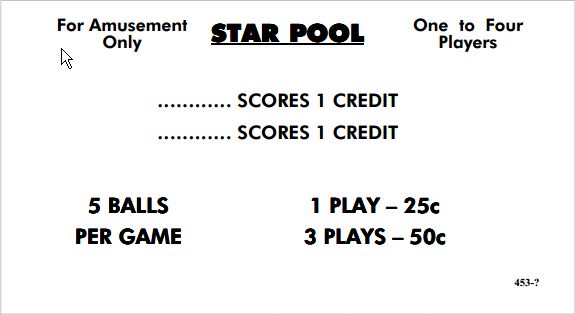 STAR POOL (Williams 1974) Score Cards