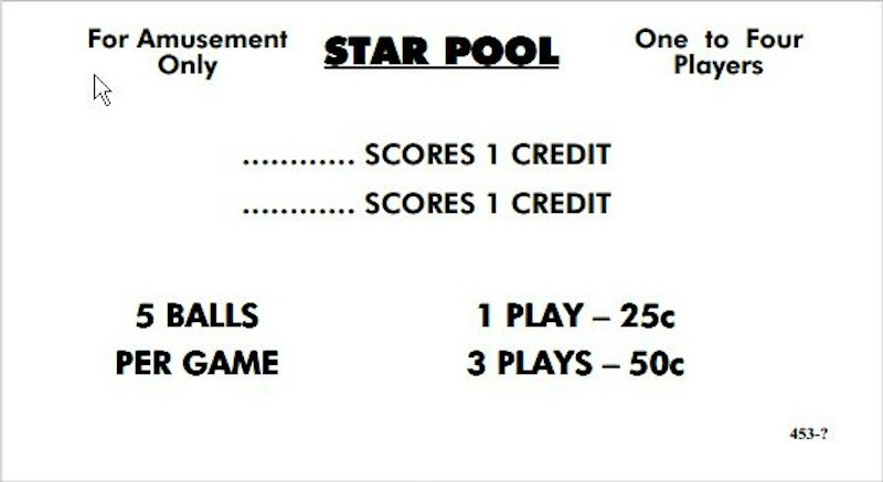 453-1A - STAR POOL (Williams 1974) Score Cards - Marco Specialties ...