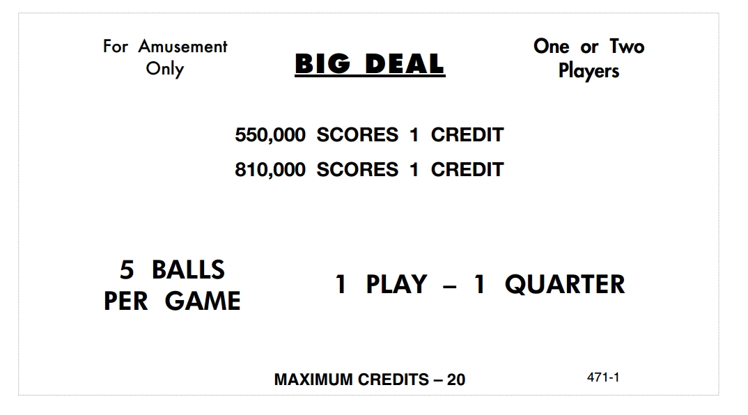 BIG DEAL (Williams 1963) Score cards (5)