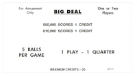 BIG DEAL (Williams 1963) Score cards (5)