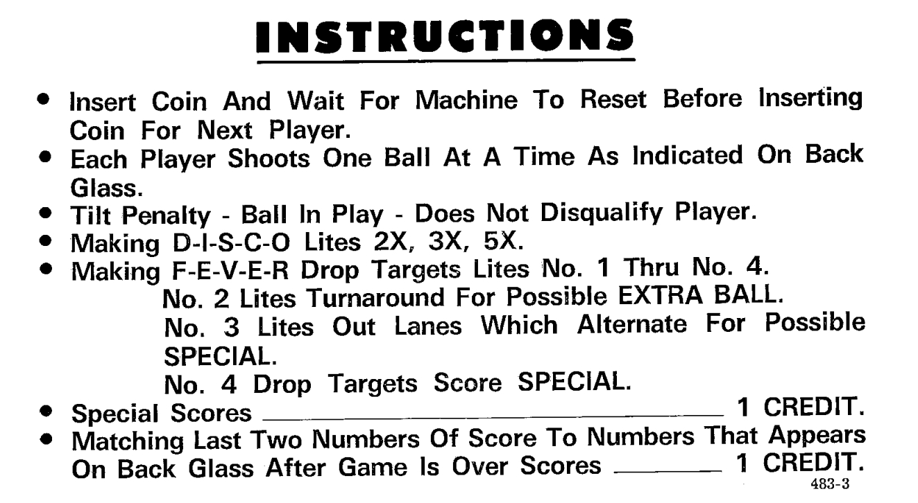 DISCO FEVER (Williams) Score Card