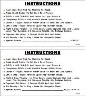 STELLAR WARS (Williams) Score Cards (6)