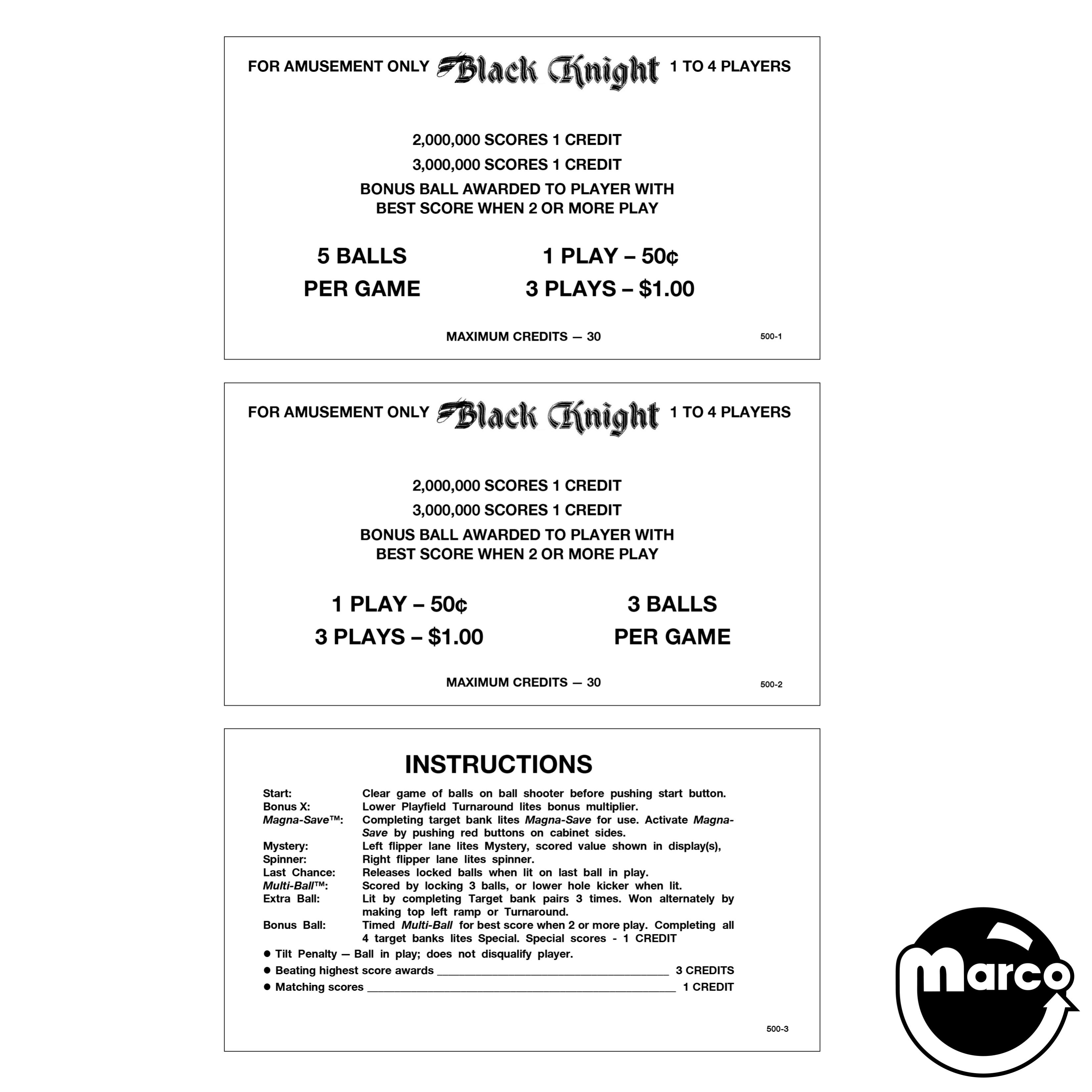 BLACK KNIGHT (Williams) Score Cards (2)
