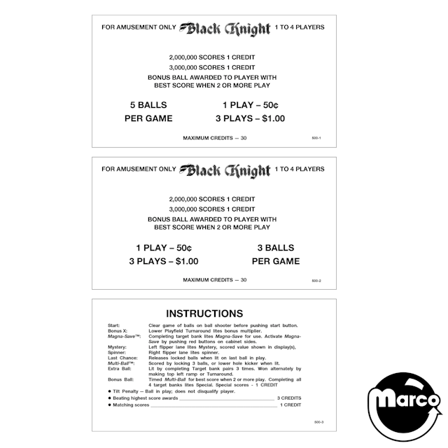 BLACK KNIGHT (Williams) Score Cards (2)