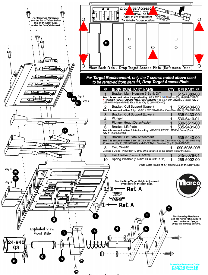 ELVIS (Stern) Drop target assembly 5 bank