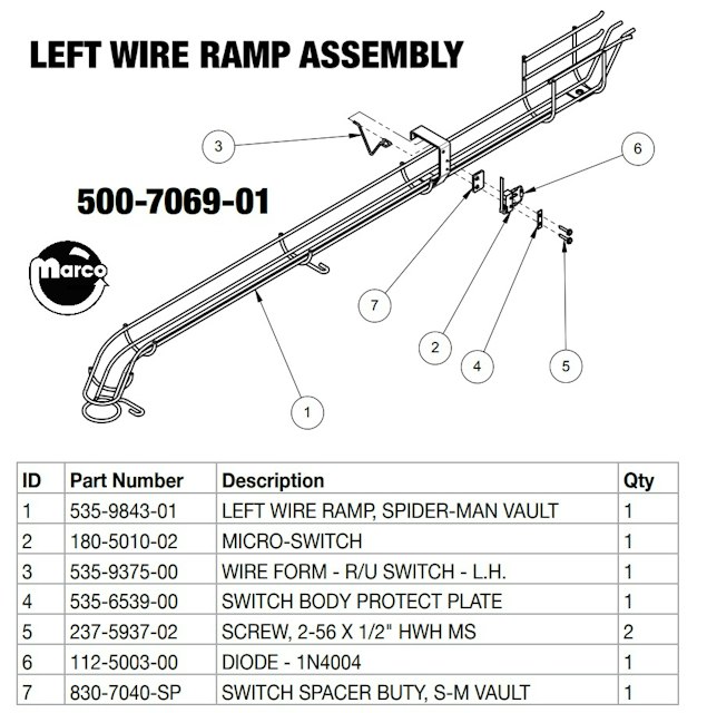 SPIDERMAN VAULT (Stern) Wire ramp assembly left