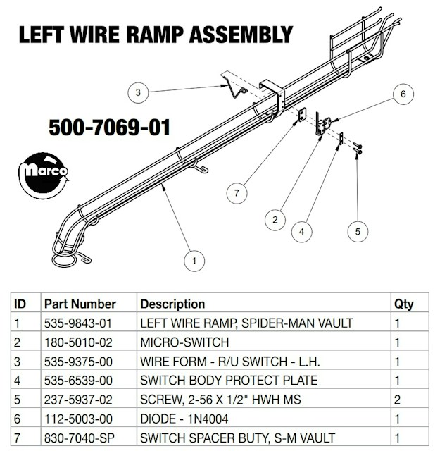 SPIDERMAN VAULT (Stern) Wire ramp assembly left