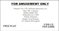 PHARAOH (Williams) Score Cards (4)