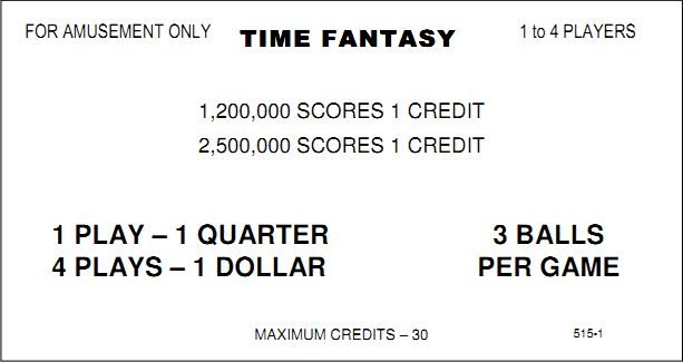 TIME FANTASY (Williams) Score cards (3)