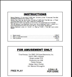 TIME FANTASY (Williams) Score cards (3)
