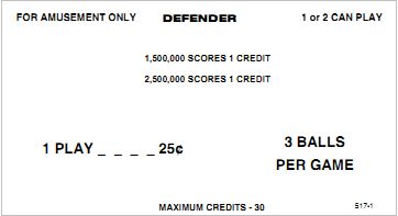 DEFENDER Pinball (Williams) Score Cards