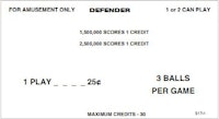 DEFENDER Pinball (Williams) Score Cards