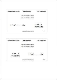 DEFENDER Pinball (Williams) Score Cards