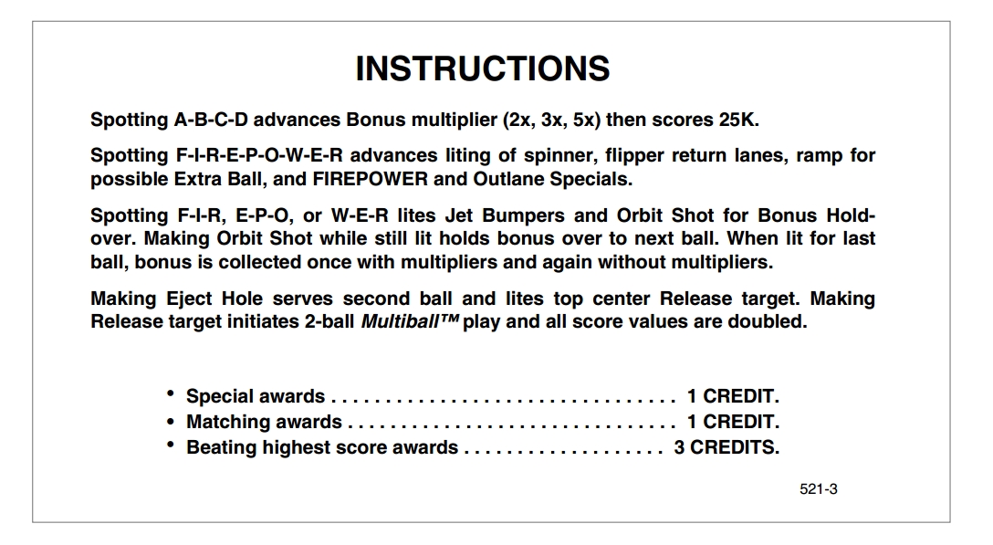 FIREPOWER 2 (Williams) Score Cards (4)