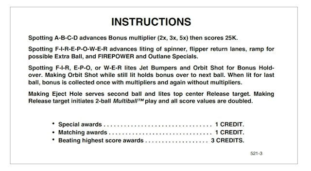 FIREPOWER 2 (Williams) Score Cards (4)