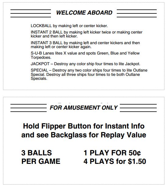 TORPEDO ALLEY (Data East) Score cards