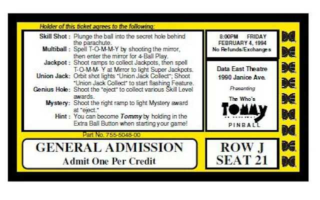 TOMMY (Data East) Score card