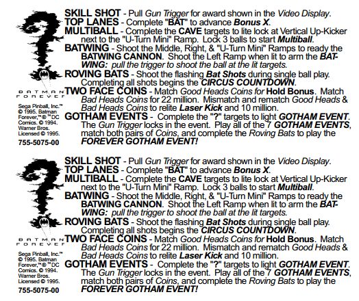BATMAN FOREVER (Sega) Score card