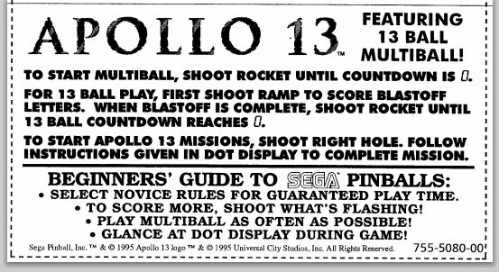755-5080-00 - APOLLO 13 (Sega) Score Cards - Marco Specialties