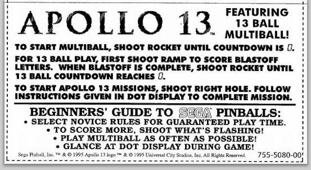 APOLLO 13 (Sega) Score Cards