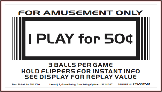 Card Instruction Sega - 1 Play .50