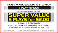 Card Instruction Sega 1 Play.50/5 Play$2