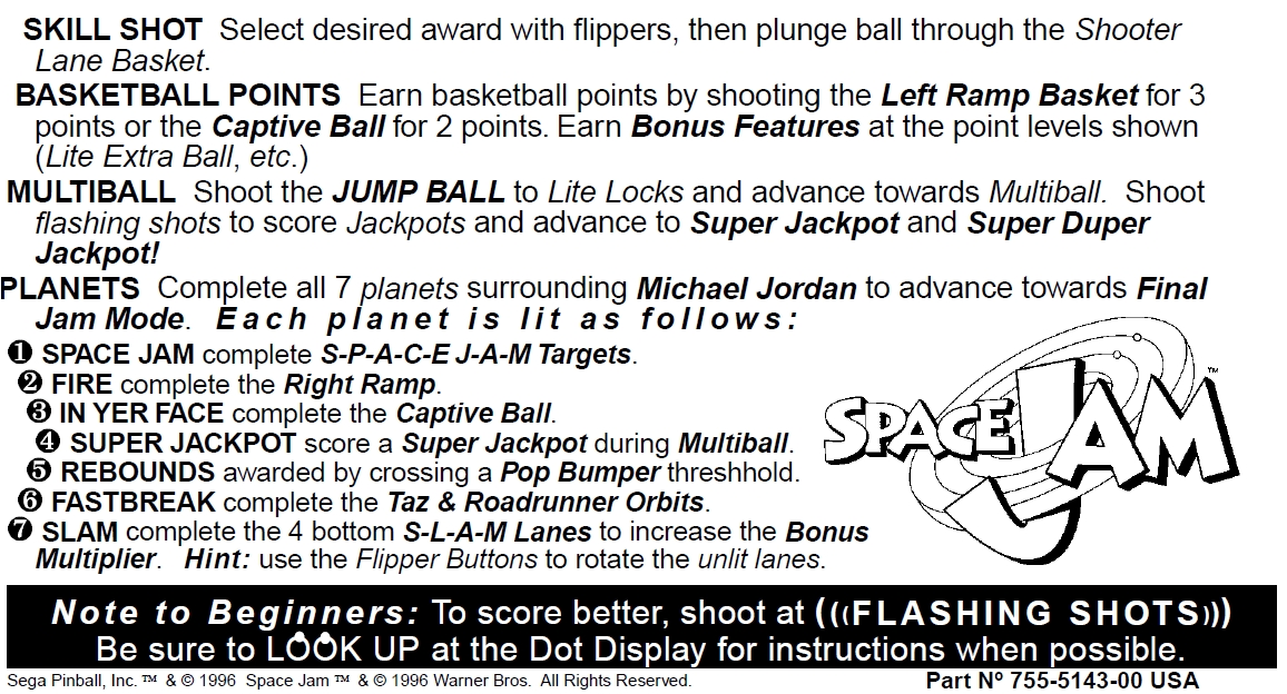 SPACE JAM (Sega) Score Card