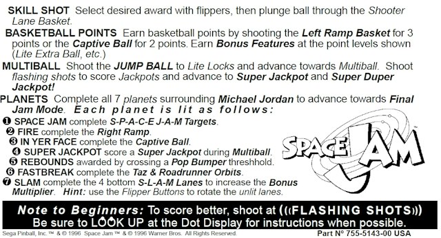 SPACE JAM (Sega) Score Card