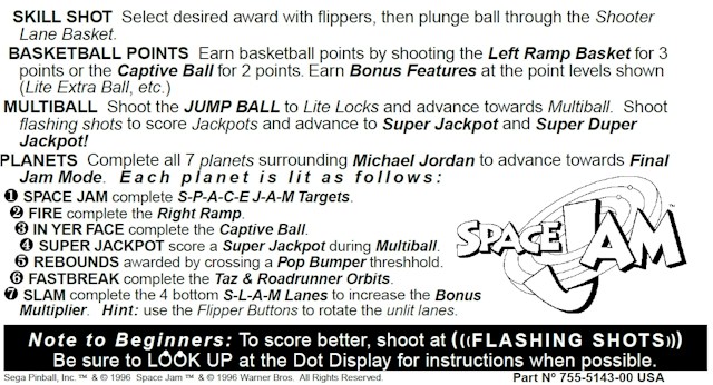 SPACE JAM (Sega) Score Card