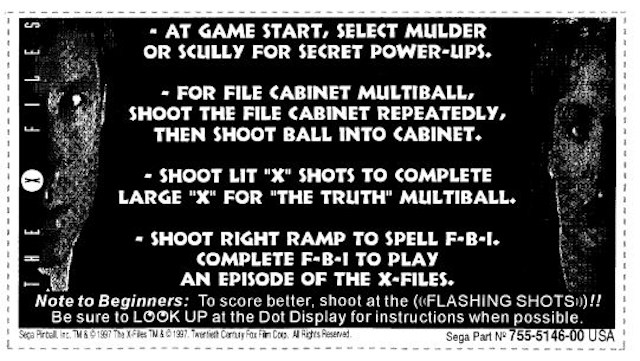 X-FILES (Sega) Instruction Card
