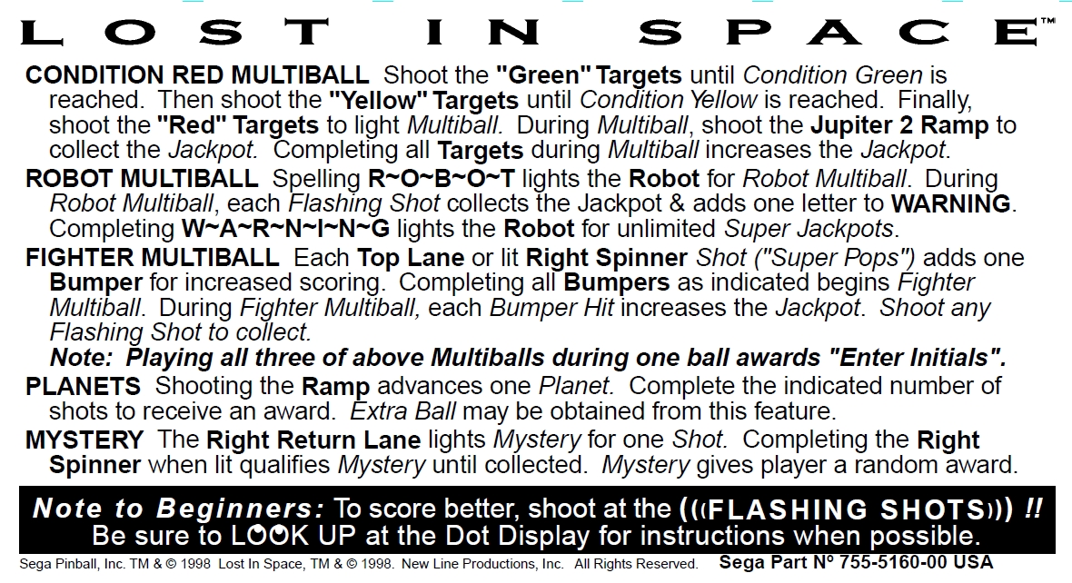 LOST IN SPACE (Sega) Card Instruction