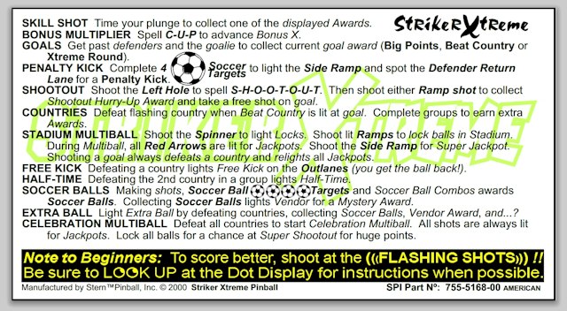 STRIKER XTREME (Stern) Card Instructions