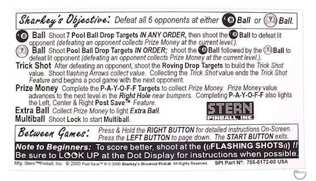 SHARKEY'S SHOOTOUT (Stern) Card Instructions