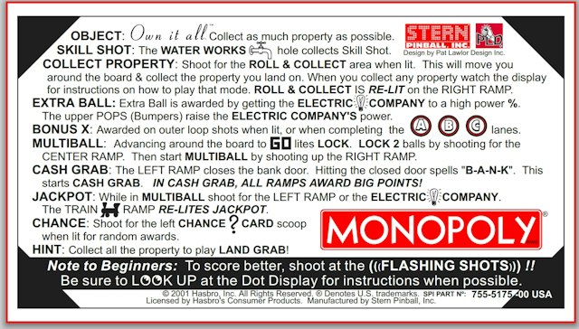 MONOPOLY (Stern) Card Instructions