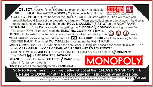 MONOPOLY (Stern) Card Instructions