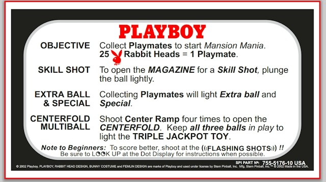 PLAYBOY (Stern) Card Instructions