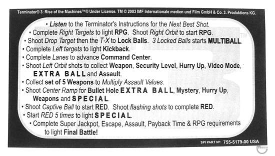 TERMINATOR 3 (Stern) Card Instructions