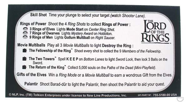 LORD OF THE RINGS (Stern) Instruction Card