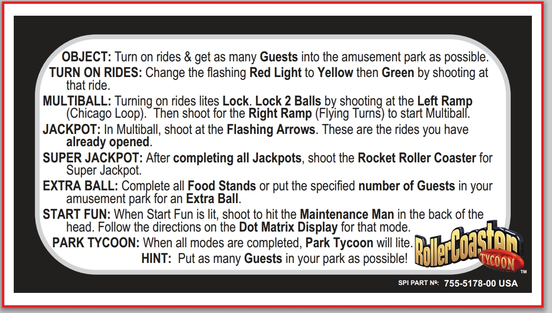 ROLLER COASTER TYCOON (Stern) Card Instructions