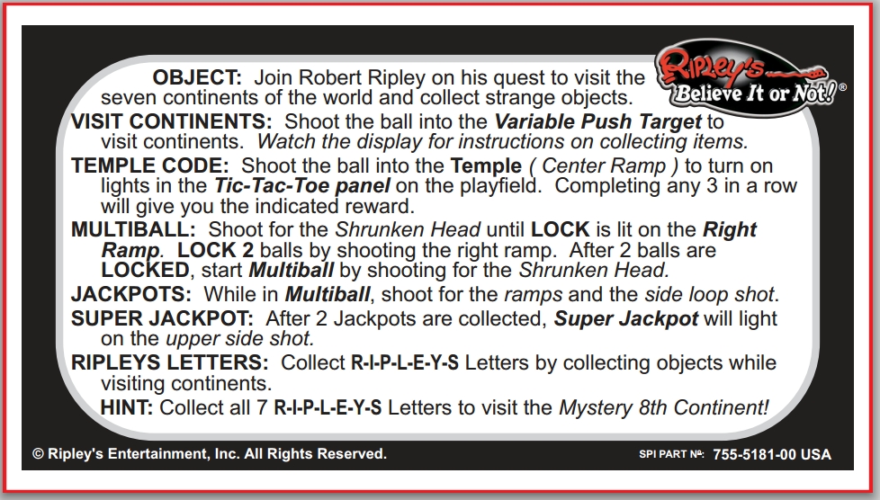 RIPLEY'S (Stern) Card Instructions