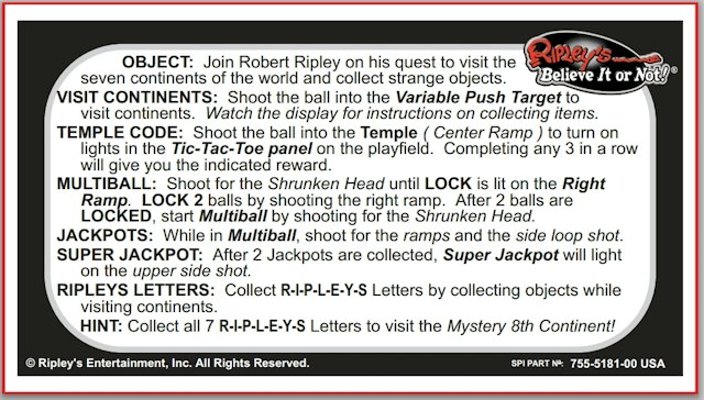 RIPLEY'S (Stern) Card Instructions