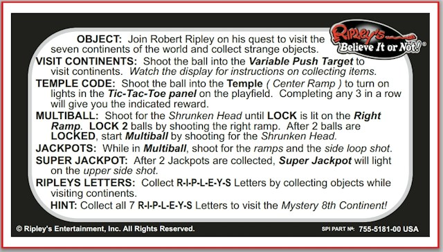 RIPLEY'S (Stern) Card Instructions