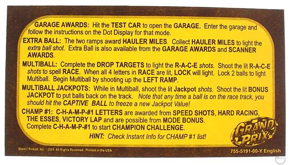 GRAND PRIX (Stern) Card Instructions