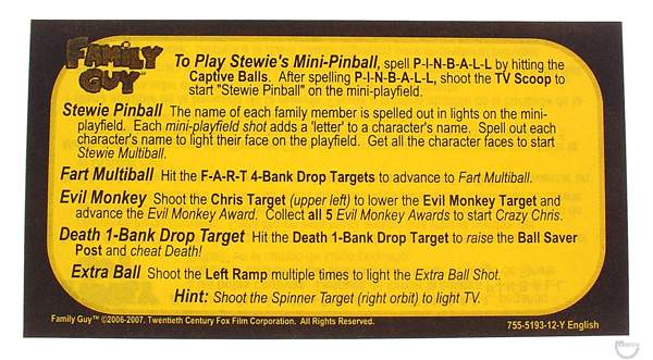 FAMILY GUY (Stern) Card Instruction