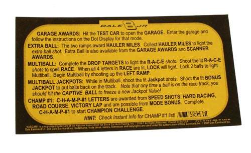 DALE JR. (Stern) Instruction card